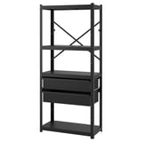This image shows an ikea BROR, black metal storage unit with drawers. Its sturdy, versatile, and perfect for storing heavy items.