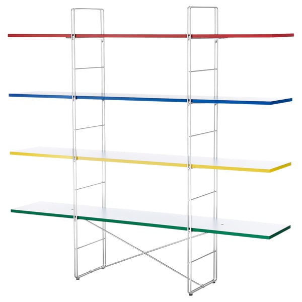 BYAKORRE metal shelving unit, colorfully modern: red, blue, yellow, green, and clear glass shelves supported by chrome metal frame, adjustable design.