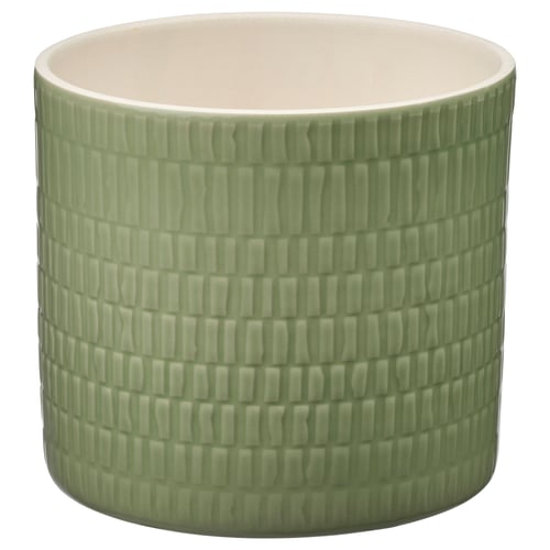 Green CHIAFRÖN planter, textured stoneware, cylindrical.