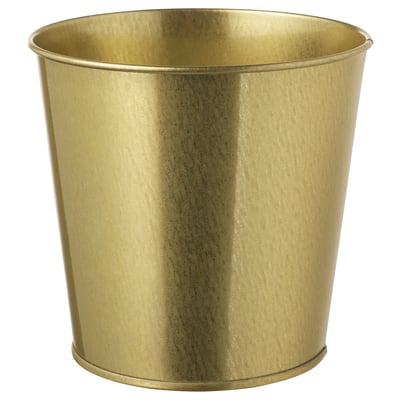 Displays a golden metal planter named DAIDAI. It is cylindrical with a smooth surface, perfect for indoor plants.