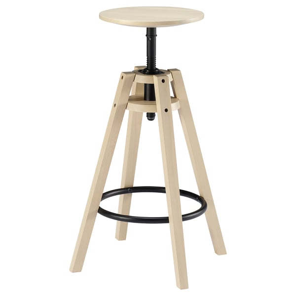 A beige DALFRED stool with a round, adjustable seat and three slanted wooden legs for stability.