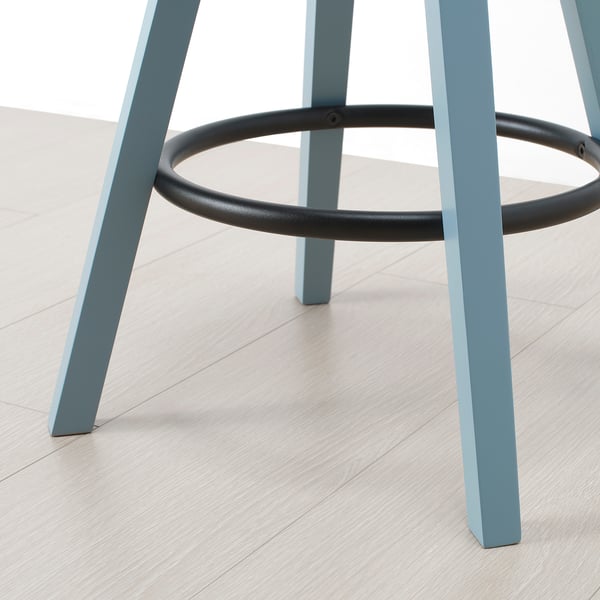 Image blue metal stool legs with black footrest ring.