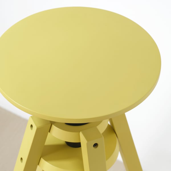 Bright yellow, round tabletop supported by robust legs, likely adjustable, showcasing high-quality finish and sturdy construction.