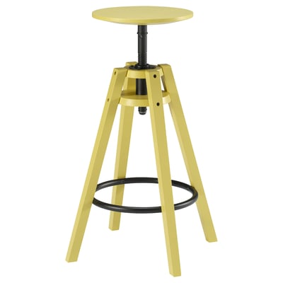 Yellow DALFRED stool, adjustable height, round top, three-legged base with black details.