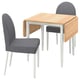 Small dining set with wooden drop-leaf table and gray chairs. Modern, space-saving design.