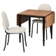 Small wooden drop-leaf table with two beige fabric chairs. Modern, space-saving design with black metal legs.