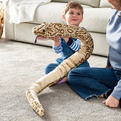 DJUNGELSKOG plush python toy, beige-brown, soft snake with pattern, 70cm, huggable, realistic design.