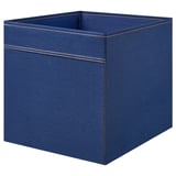 Blue denim-like storage cube for kallax shelves, soft fabric, rectangular, with yellow stitching details.