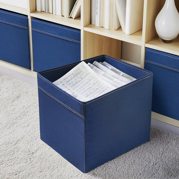 DRÖNA blue fabric storage box, square, for kallax shelves, holding newspapers, made from recycled polyester and paperboard.