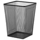 The DRÖNJÖNS wastepaper basket is black, square, made from metal mesh with plastic feet for floor protection.