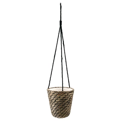 DRUVFLÄDER hanging plant basket, white, jute & water hyacinth, circular, handmade.