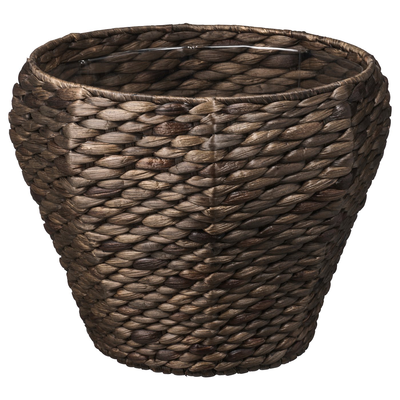 DRUVFLÄDER handmade basket, brown, water hyacinth, cylindrical, woven design.