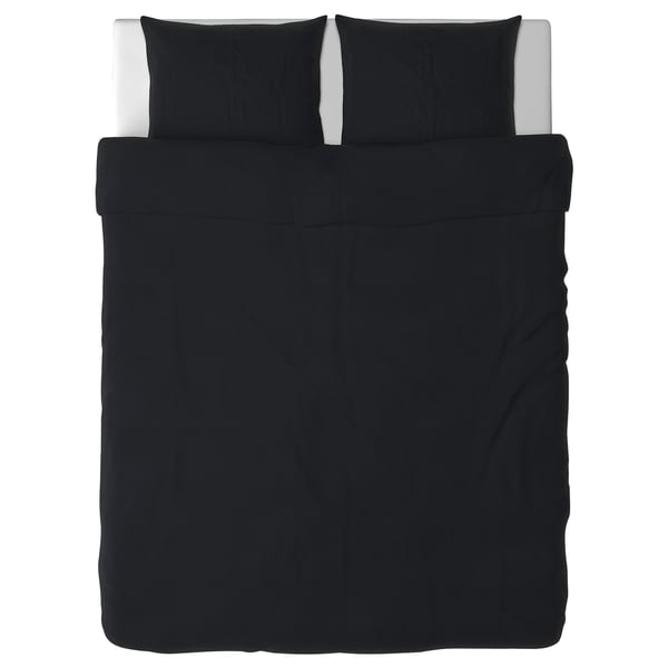 Black bedding set, DVALA brand, including duvet cover and pillows, 100% cotton, minimalist design.