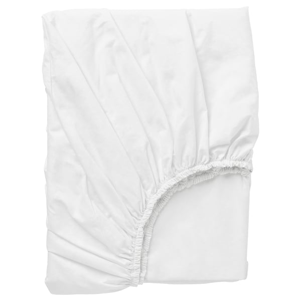 White DVALA cotton fitted sheet, rectangular with elastic hem.