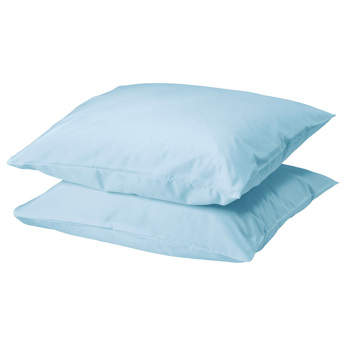 Two light blue DVALA pillows stacked, square-shaped, made of soft 100% cotton.