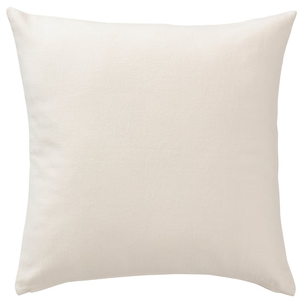 DVÄRGNARV cream cushion cover, handmade cotton, square shape, solid back, pompom trim.