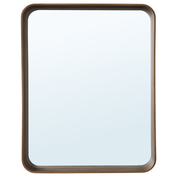 DVÄRGSYREN mirror: rectangular, warm walnut frame, sturdy glass center, versatile design for bathrooms or living spaces.
