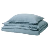 Blue linen DYTÅG bedding set: duvet & 2 pillowcases with envelope closure.