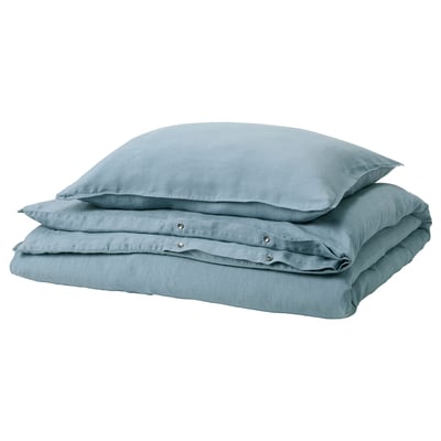 Blue linen DYTÅG bedding set: duvet & 2 pillowcases with envelope closure.