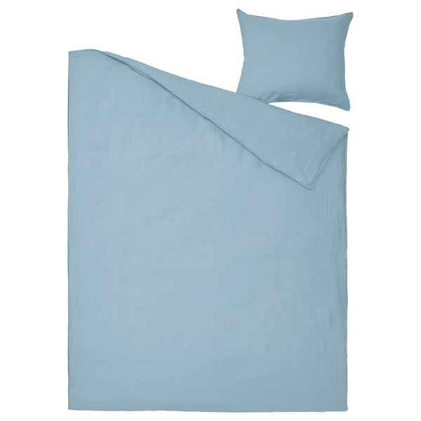 Light blue linen duvet set, includes cover and pillowcase, casual crumpled design.