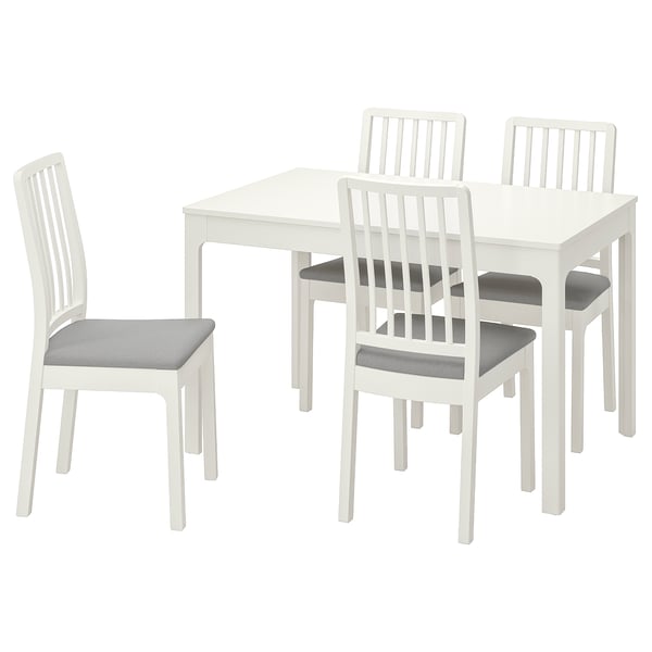 White wooden dining set with square table and 4 padded chairs.