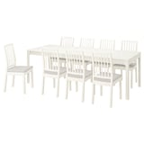 White EKEDALEN extendable dining table with 6 matching chairs and light gray cushions.