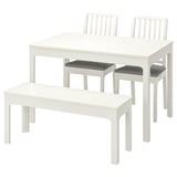 White EKEDALEN dining set, includes table, 2 benches, and 2 chairs.