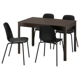 Brown square dining table, four black chairs, sleek metal legs.