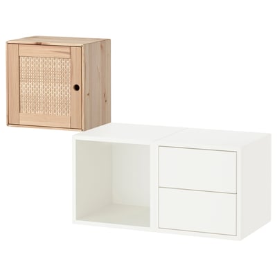 EKET wall-mounted storage units: light wood, white with open/closed sections.