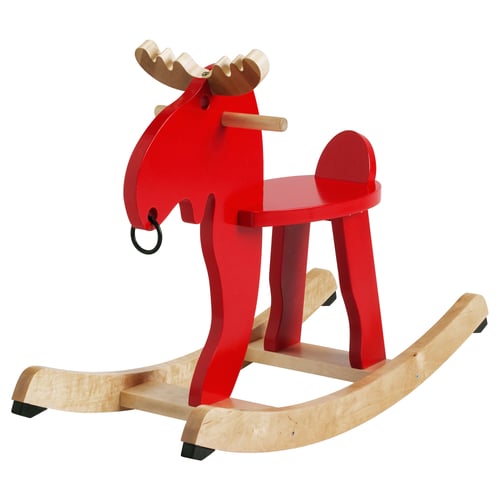 EKORRE red moose rocking toy; wooden, natural, curved rockers; childs play accessory.