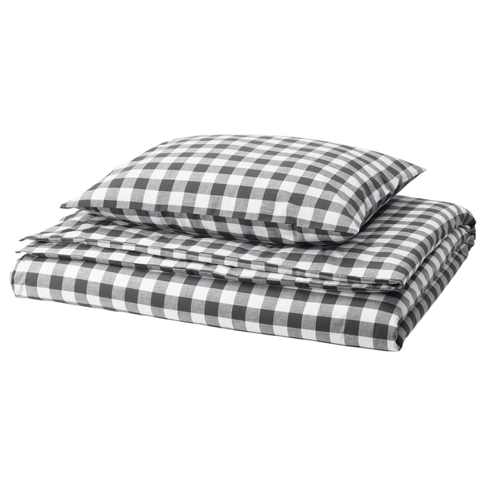 EKTANDVINGE Duvet cover and pillowcase anthracite white/check IKEA