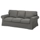 EKTORP gray three-seat sofa; plush, rolled arms, with comfy cushions.
