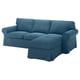 EKTORP sectional sofa, blue, linen-like. L-shape with rolled arms, thick cushions.