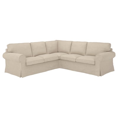 EKTORP light beige l-shaped sectional sofa, plush cushions, classic design.