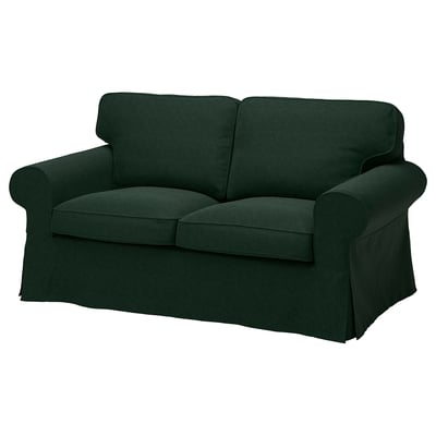 Dark green EKTORP loveseat with rolled arms and comfy cushions.
