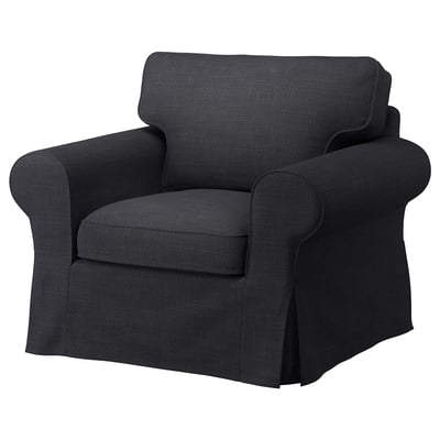 EKTORP: single dark grey upholstered armchair, soft, durable fabric, rolled arms, square shape.