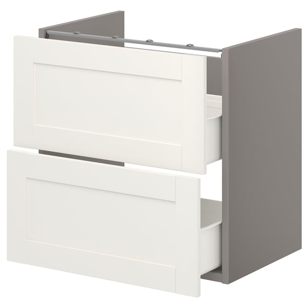 ENHET base cabinet with 2 drawers for washbasin. Modern, clean look, particleboard & steel. Drawers open, top handle, grey side panels.
