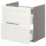 ENHET base cabinet with 2 drawers for washbasin. Modern, clean look, particleboard & steel. Drawers open, top handle, grey side panels.