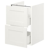 White ENHET bathroom cabinet with two drawers, rectangular shape, and sleek design.