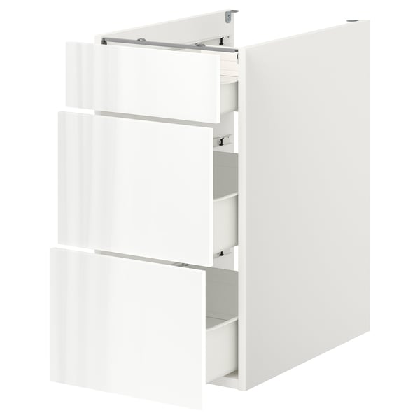 White ENHET cabinet with 3 drawers. Modern, minimalist design, glossy finish. Made from particleboard and steel with easy-to-clean surfaces.