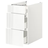 White ENHET cabinet with 3 drawers. Modern, minimalist design, glossy finish. Made from particleboard and steel with easy-to-clean surfaces.