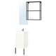 Modern bathroom set: white cabinet, black legs, rectangular mirror, wall frame, chrome faucet.