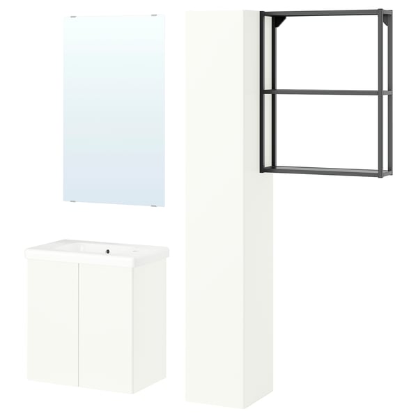 Displays a white bathroom set: mirror, vanity, and shelves. The vanity includes a sink and provides storage. The shelves are metal and wall-mounted.