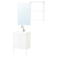 Modern white bathroom setup with glossy cabinet, mirror, and chrome fixtures. Minimalist design for storage and style.