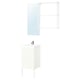Modern white bathroom set: vanity, mirror, and wall frame. Sleek design, mix of open and closed storage.