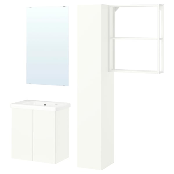 Single vanity set: white cabinet, rectangular sink, glass mirror, high cabinet, metal shelf.