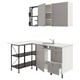 Modern kitchen setup with ENHET series: grey cabinets, marble countertop, stainless sink, open shelves.