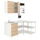 Modern kitchen with wooden cabinets, white counter, steel sink, and open shelving.