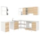 Modern kitchen set with light wood, white, l-shaped layout. Drawers, cabinets, and marble countertop.