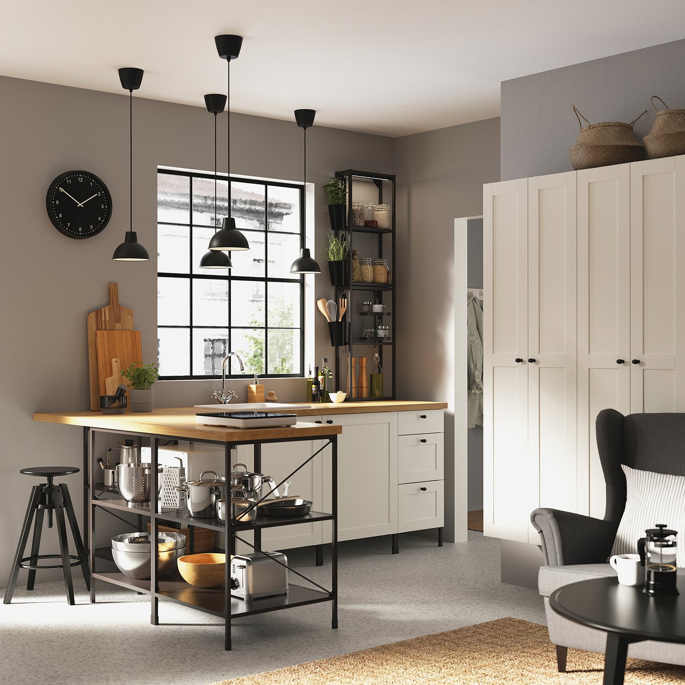 Modern kitchen featuring ENHET white high cabinet with 4 shelves and wooden countertop, black pendant lights, and a black chair.